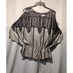 Beige by ECI Blouse Medium Black Gray Paisley Cold Shoulder Boho Lagenlook Beach